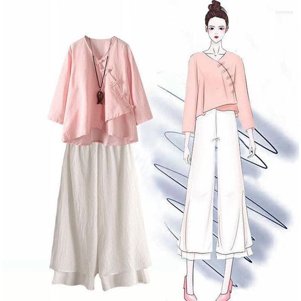 Женские блузки в китайском стиле Hanfu Tops Женская ретро -винтажная одежда для женщин этнические повседневные брюки для ног.