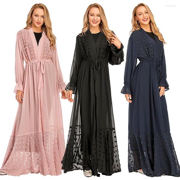 Roupas étnicas abertas abaya dubai kaftan muçulmano vestido de festa maxi longa kimono cardigan drawtring caftan islâmico vestido islâmico