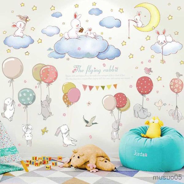 Adesivos para crianças adesivos de brinquedo de desenho animado adesivos de parede fofa balão de coelho estrelado em nuvem decoração berçário quarto quarto decoração de decalques removíveis