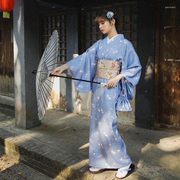 Roupas étnicas Vestido de quimono tradicional para mulheres Ano japonês de manga longa vintage yukata cor azul