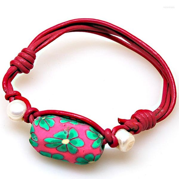 Strand Miasol vera pelle fucsia argilla fiore perline fascino perla d'acqua dolce regolabile braccialetti da donna per regali