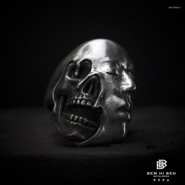 Clusterringe Bem Hi Ben Men'swomen's Skull Ring Zwei Gesichter 925 Sterling Silber Original Design Hand gemacht dunklen Punkbiker individuell