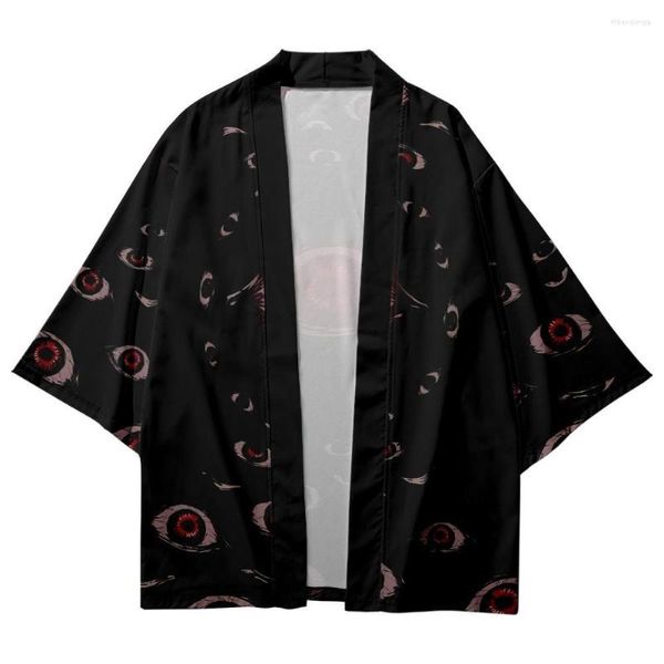 Ethnische Kleidung Cartoon Auge Gedruckt Schwarz Japanische Kimono Strand Shorts Männer Frauen Lockerer Strickjacke Yukata Harajuku Haori