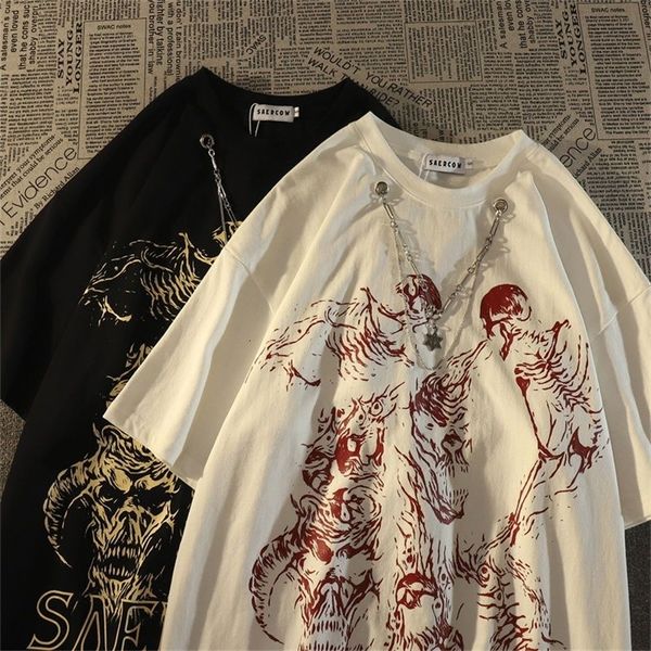Herren-T-Shirts im amerikanischen Stil, kurzärmeliges T-Shirt aus Baumwolle mit dunklem Totenkopf-Motiv für Männer und Frauen, lockeres Sommer-Paar-Kleid mit Rundhalsausschnitt 230512