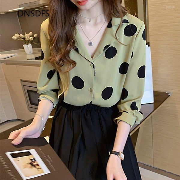 Blusas femininas grandes camisas impressas de bolinhas estampadas Office Blusa de outono da primavera Mulher moda de manga longa Camisa de chiffon coreana simples pescoço entalhado