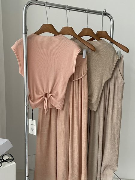 İki parçalı elbise yaz kıyafetleri kadınlar için örgü içi boş kısa kollu üst keten uzun etek setleri Koreli zarif dantel yukarı aline takım elbise 230512