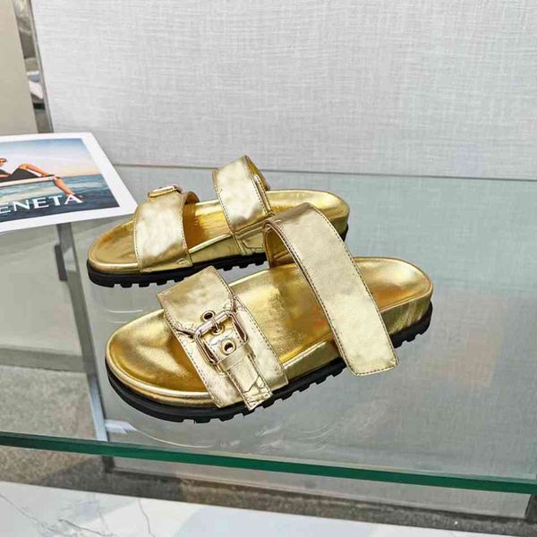 Hausschuhe Designer Bom Dia Flache Pantoletten Männer Sliders Braun Gold Silber Schnalle Echtes Leder Klassische Druck Sommer Sandalen