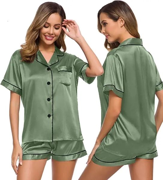 Kadın pijama saten pijamalar Kadınlar Kısa Kollu Sweetwear Yumuşak İpek Düğmesi Aşağı Loungewear Pjs Şort Seti S-XXL 230515
