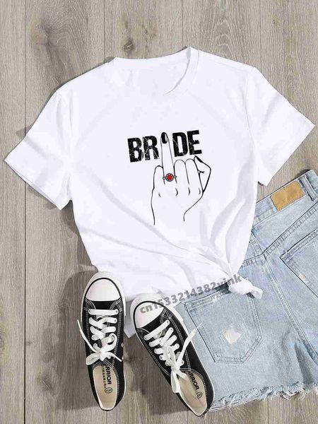 Damen T-Shirt Braut Ring Finger Braut Team Print Bachelorette Hochzeit Party Damen T-Shirt Lässiges Damen Basic O-Kragen Kurzarm T-Shirt P230515