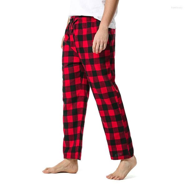 Herren-Pyjama-Hose, rot, schwarz, kariert, zum Faulenzen, entspanntes Haus-Pyjama, Schlafhose, Herren-Nachtwäsche aus Flanell-Baumwolle mit Kordelzug und Knopf