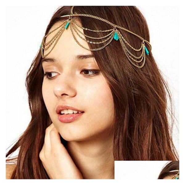 Hairpins étnicos Boho S Bride Hairpin Acessórios para mulheres borlas de ouro charme Bandas de cabelo verdes turquesas de cabeça Cadeia Dhgarden dh8bo