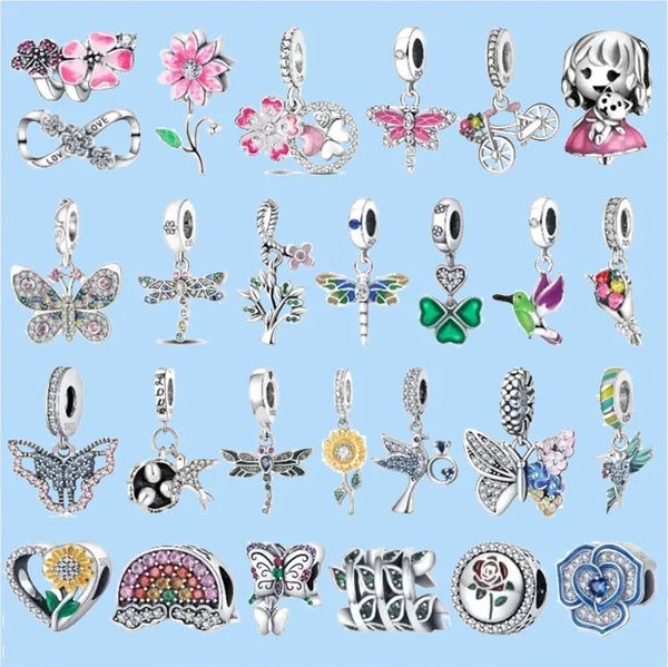 925 accessori con perline di fascino adatti a gioielli con ciondoli pandora Ciondolo a forma di libellula con ciondoli a forma di fiore di primavera