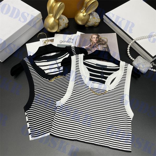 Gestreifte Tanktops für Damen, Metallkette, T-Shirt, klassische Strickwesten, Sommer-Cropped-Tops, Damenkleidung