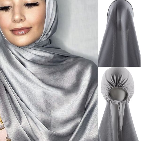 Hijabs Instant Muslim Women Crinkle Cetim Silk Hijab com Bonnet Caps Hijabs Scarves Cetim Crinkle Scarf Com UnderScarf Inner Caps 230515