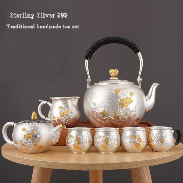 Set da tè fatto a mano in argento sterling 999 Set da tè giapponese retrò teiera bollitore tazza da tè home office cerimonia del tè Set da tè Kungfu 1300ml