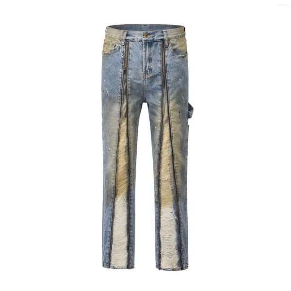 Jeans masculinos European American High Street Cargo Pants Man Wahsed Wahsed Vintage Bleached Hole Zipper Open Folk Casual Comprimento total