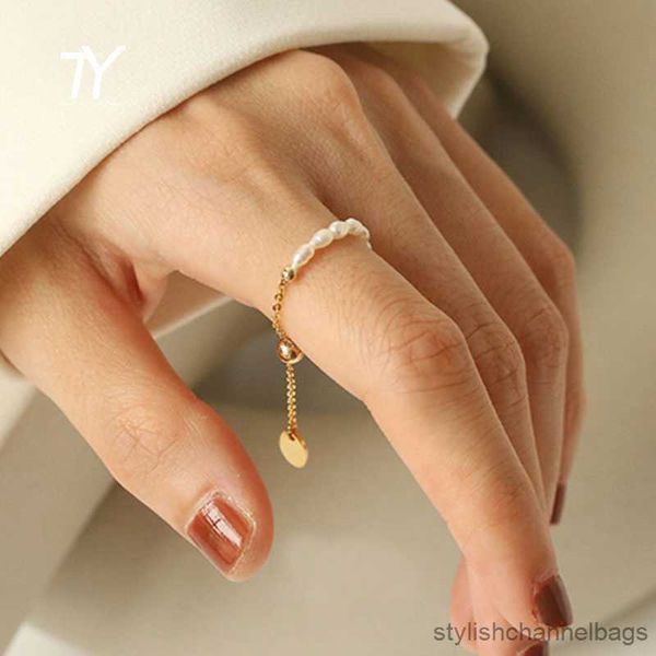 Band Ringe Einfache Retro Perle Pull Einstellung Gold Farbe Ringe Mädchen Neue Elegante Mode Finger Schmuck Für Frau