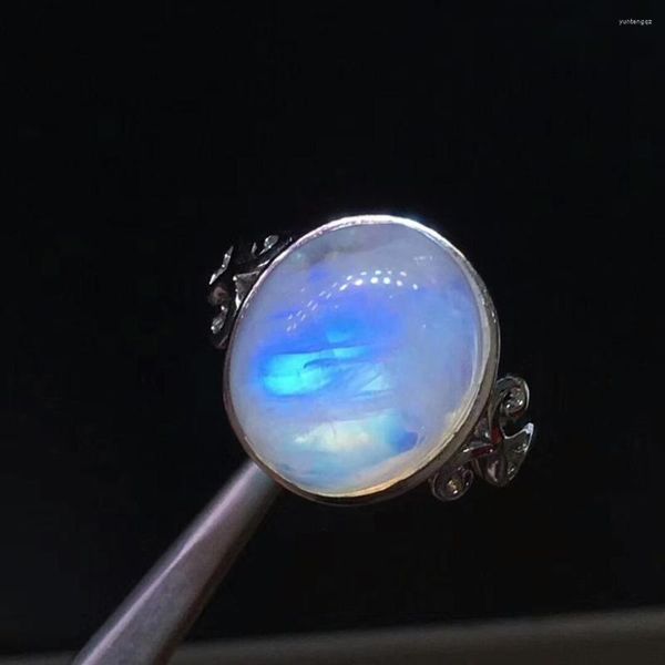 Cluster-Ringe, natürlicher blauer heller Mondstein, Edelstein, Party für Frauen, weiblich, 15 x 13 x 11 mm, silberner Ehering, verstellbare Größe