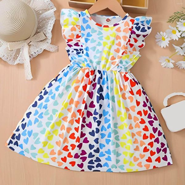 Vestidos de menina crianças Criança criança meninas primavera no verão impressão de coração babado com suéter sem mangas vestido tamanho 5t desgaste para festas para