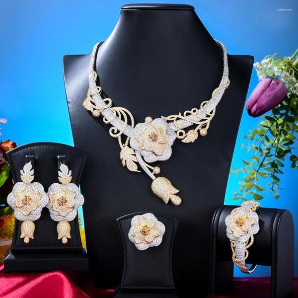 Collana Orecchini Set Missvikki Dubai Noble Luxury Big Bloom Flower 4PCS Gioielli per le donne Matrimonio romantico