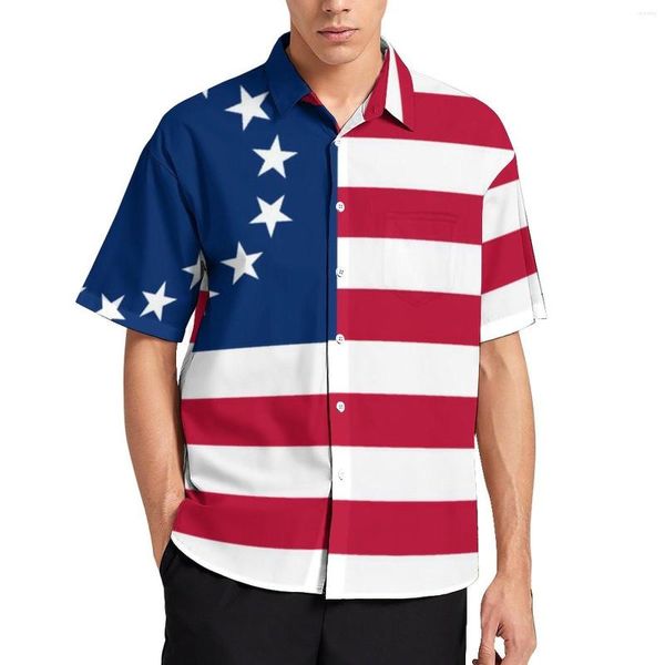 Erkekler Sıradan Gömlekler Amerikan bayrak gömleği Betsy Ross 13 Yıldız Stripes Tatil Gevşek Hawai Sokak Stili Buzlar Tasarım Büyük boy üstler