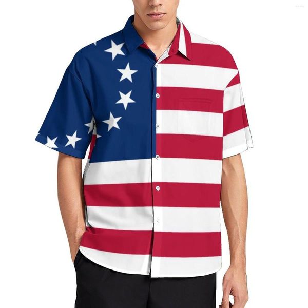 Camisas casuais masculinas camisa de bandeira americana betsy ross 13 estrelas listras férias soltas havaian street estilos de estilo design grandes tops grandes