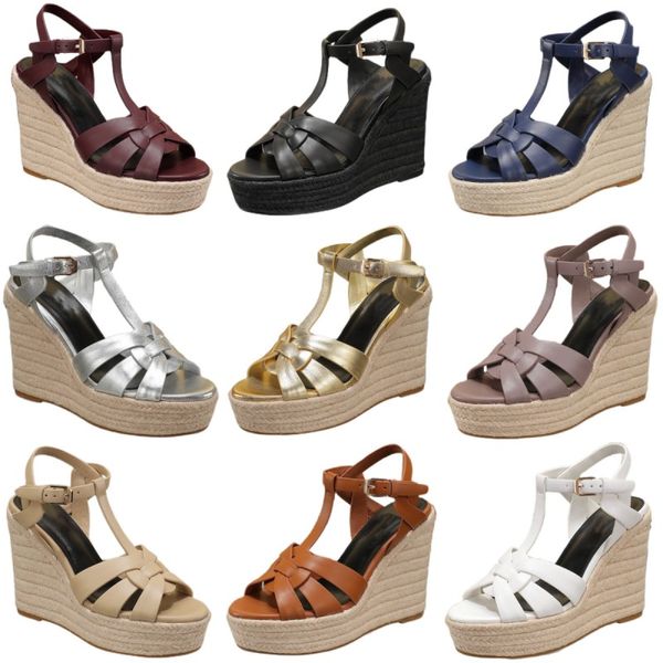 Damenmode-Sandalen aus echtem Leder, Plateauschuhe, Keilabsatz, High Heels, Sommer, sexy Designer-Schuhe, klassische Superhigh-Pary-Schuhe, luxuriöser einfarbiger Strohabsatz