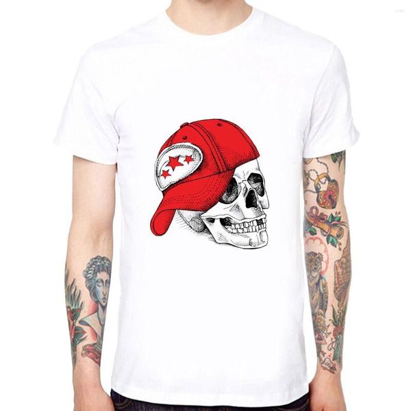 Camisetas masculinas Red Hat Skull Algodão macio engraçado camisetas frias de manga curta Tee