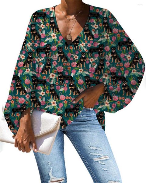 Frauen Blusen Niedlichen Tier Rottweiler Muster Chiffon Sommer 2023 Frau Casual Lose Langarm Tops V-ausschnitt Damen Shirts