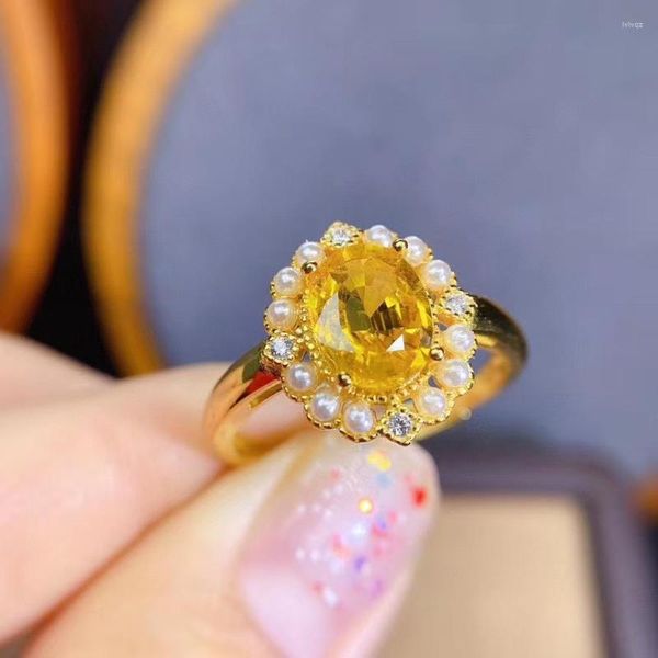 Anelli a grappolo Gioielli per feste femminili Anello con zaffiro giallo naturale e reale Argento sterling 925 finemente lavorato a mano