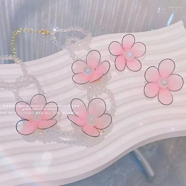 Ketten Rosa handgemachte Stoffblume Kristallschnur Doppelte kurze Schlüsselbeinkette Halskette