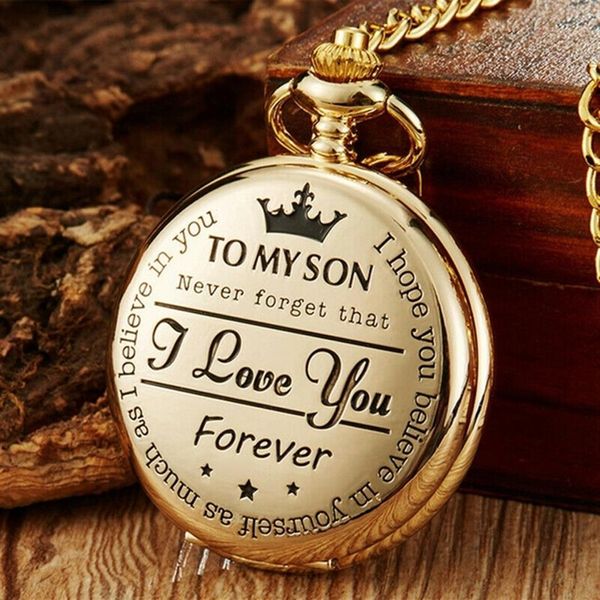 Vintage Silver Black Gold to My Son Laser Word Men Boy Analog Quartz Pocket Pocket Watch Chain Kids Watches Relógios 288D