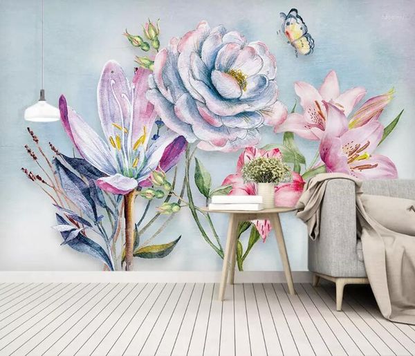 Papéis de parede CJSIR 3D Papel de parede de alta qualidade pintada à mão Flores de aquarela Flores de pintura a óleo de borboleta Parede de fundo da sala de estar
