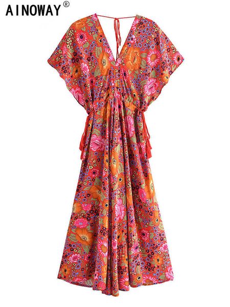 Abiti casual Red Peacock Floral Women Scollo a V Nappa Manica a pipistrello Bohemian Maxi Abiti Ladies Rayon Cotton Beach Summer Boho Dress Robe P230515