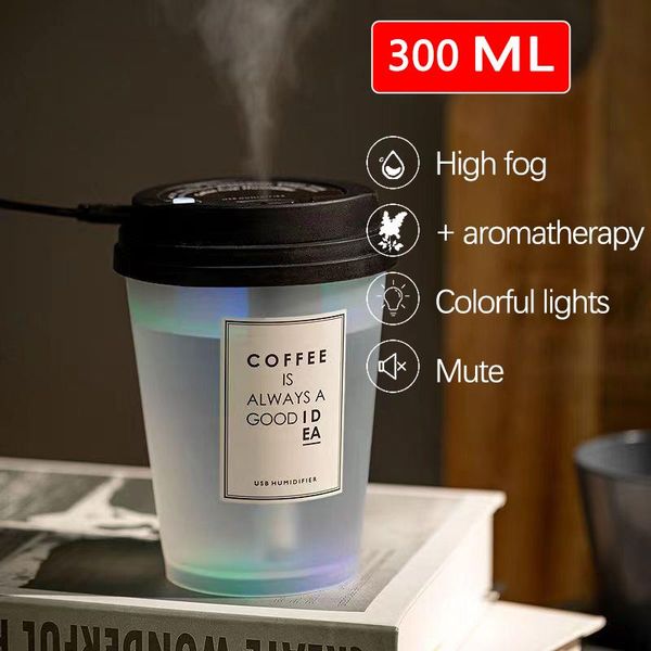 Aparelhos umidificador de ar 300ml com luzes coloridas difusor de aroma de óleo essencial xícara de café névoa fria para escritório doméstico