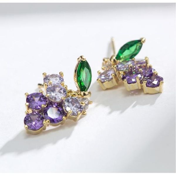 Orecchini a bottone per donna S925 Aghi Cubic Zirconia Elegante Vintage Viola Verde Grappolo d'uva Orecchini a bottone Gioielleria raffinata