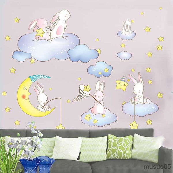 Adesivi giocattolo per bambini Adesivi murali animali dei cartoni animati Conigli fai da te Nuvole Stelle Adesivi murali per camera dei bambini Decorazione della cameretta dei bambini