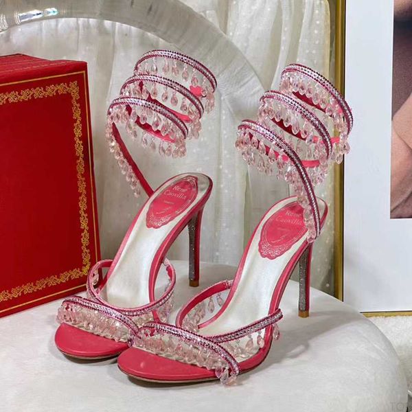 Sandals Sandals designer de luxo Rene Caovilla Cristal lustre de cristal Ringue de pé Twining Foot Ring Alto Sapatos femininos Banda estreita Banda 10cm Sandal 35-436