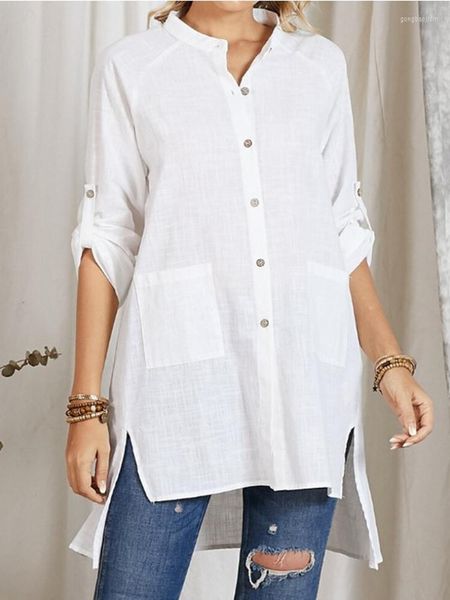 Blouses feminina feminina Mulheres Camisa de linho de algodão branco Casual Stand Gollar Roll Up Long Slave Bock Blouse Irregular Spring Spring Summer Tops Chic Chic