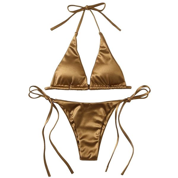 Swim Wear Sexy Women's Metallic Balter Top Top To Piece Swimsuit Tie Triangle Triangle Бикини Летний твердый купальный костюм пляжный бикини набор 230515