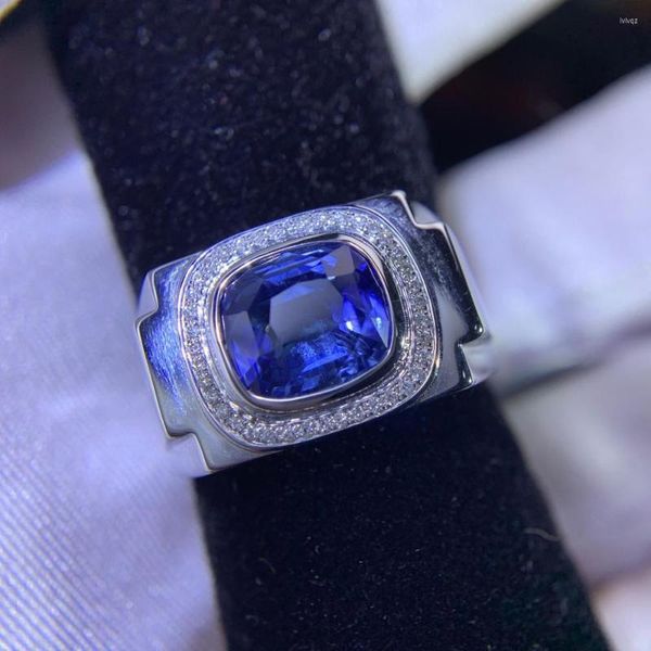 Ringos de cluster y401 jóias finas Real 18k Gold Natural 3,14ct Blue Sapphire Gemstone Diamonds Stone Macho Anel para homens