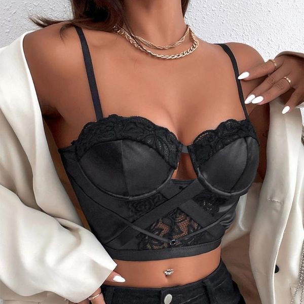 Tanques femininos Sexy Girl Crop Tops for Women Cute Black Halter Strap Y2K Top Lace Stitching Umbilical Camis Club Vest Ropa Mujer