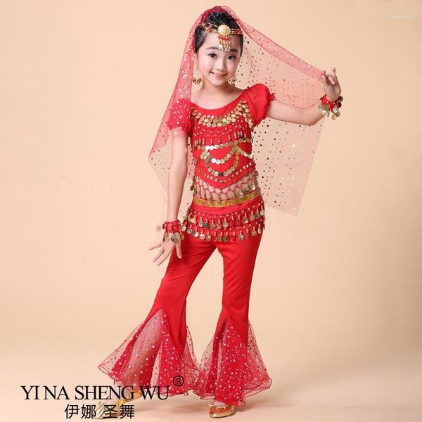 Abbigliamento da palcoscenico Costume da danza del ventre per bambini Costume da bambina con paillettes Abbigliamento orientale Bambini Bollywood che ballano pantaloni a maniche corte