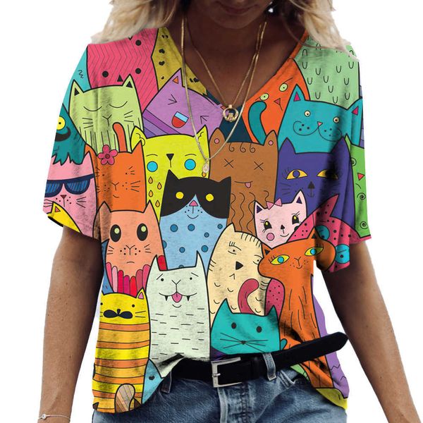 Женская футболка женская футболка мультфильм Cat Print Summer Row-образный вырезка v-образные вырезы Kaii Fashion Casual футболки котенок смешная женственная одежда P230515