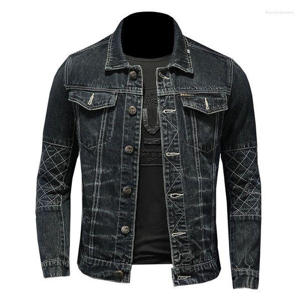 Jackets masculinos 2023 Jaqueta de jeans vintage Men's Autumn Motorcycle Style Bordado de colar de gola em pé de manga longa Slim Fit Dark Casat