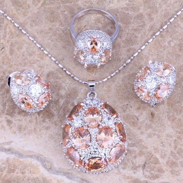 Collana Orecchini Set Accattivante Morganite Bianco CZ Anello pendente placcato argento Misura 4/5 6 7 8 9 10 11 12 S0242