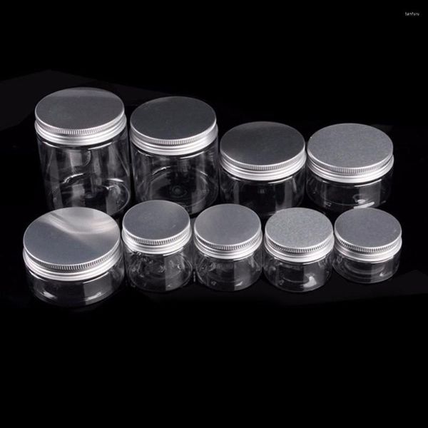 Bottiglie di stoccaggio Make Up Jar Contenitore cosmetico in plastica trasparente Coperchio in alluminio Flacone piccolo 30ML/40ML/50ML/60ML/80ML/100ML/120ML/200ML/250ML