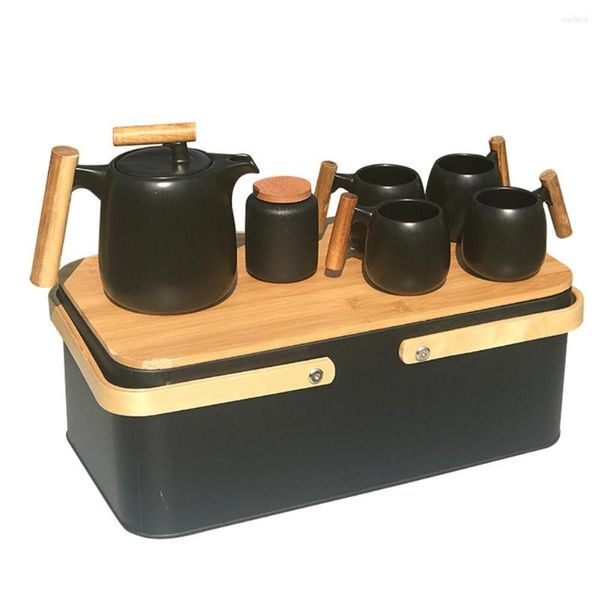 Wasserflaschen, schwarzes Porzellan-Teeservice, 900 ml, Teekanne mit Teesieb, 4 Tassen und Tablett, luxuriös für Erwachsene, Holzdesign