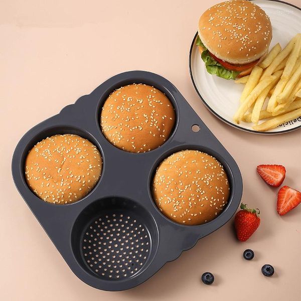 Backformen 1 PC-Silikon-Hamburger-Kuchenform 4 Mulden Antihaft-runde Laibpfanne Kuchen Dekoration Einfach zu lösendes Lebensmittelwerkzeug