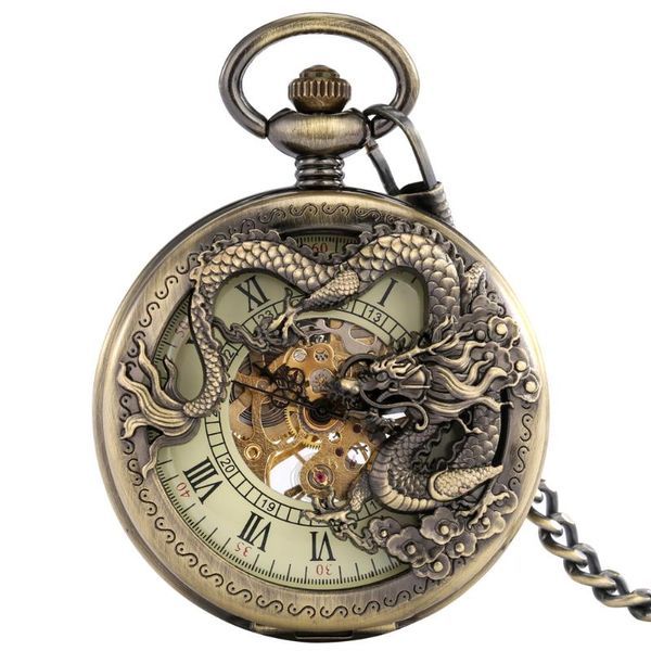 Relógios de bolso relógios antigos dragão de bronze relógio mecânico de esqueleto de mão de mão de mão lixeira steampunk FOB com presente de corrente para homens womenpocket